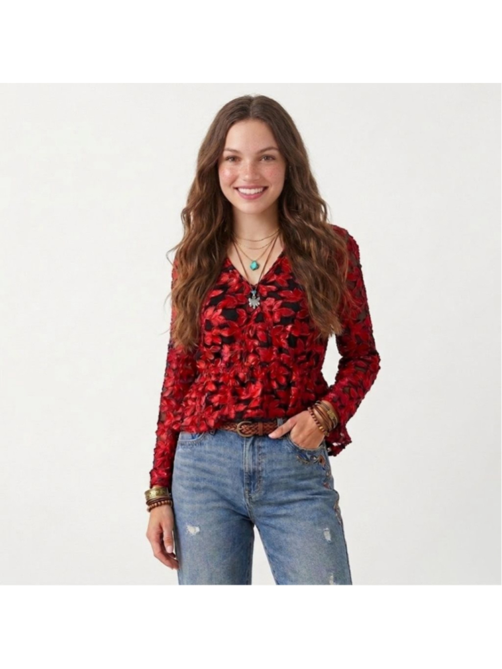 g.p.d. Red & Black Floral Long Sleeve Blouse S